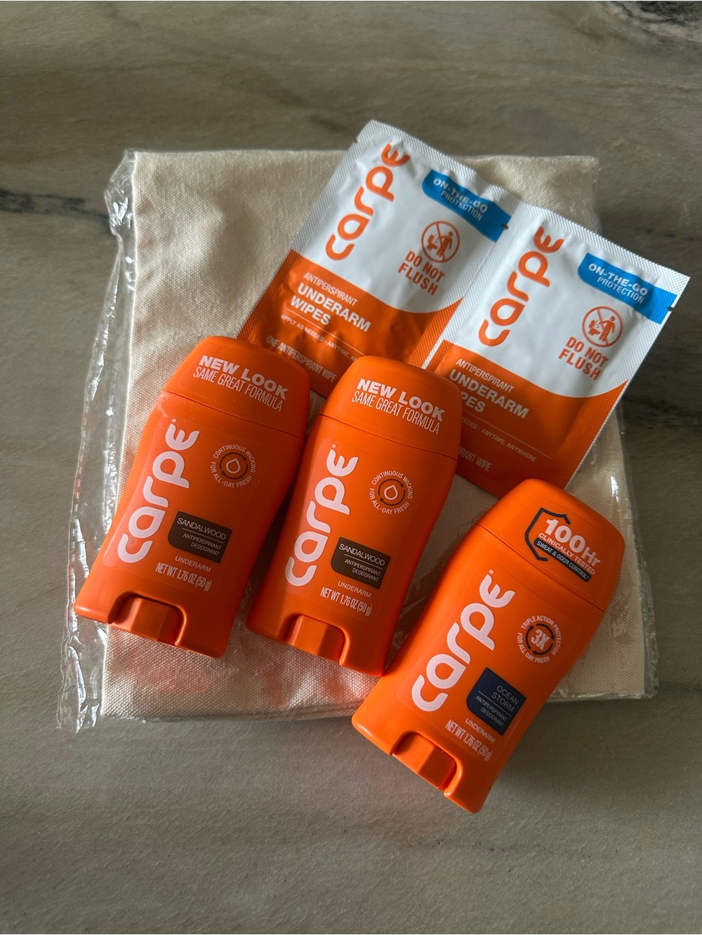 Carpe Antiperspirant Deodorant Bundle 3 Sticks + 2 On-The-Go Wipes NEW